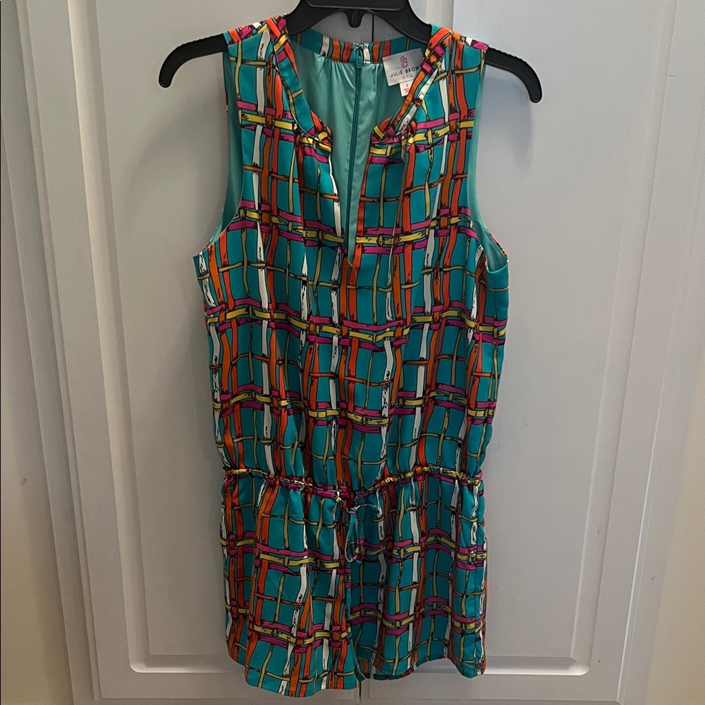 JB by Julie Brown Turquoise Romper with Multicolor Stripe Trim